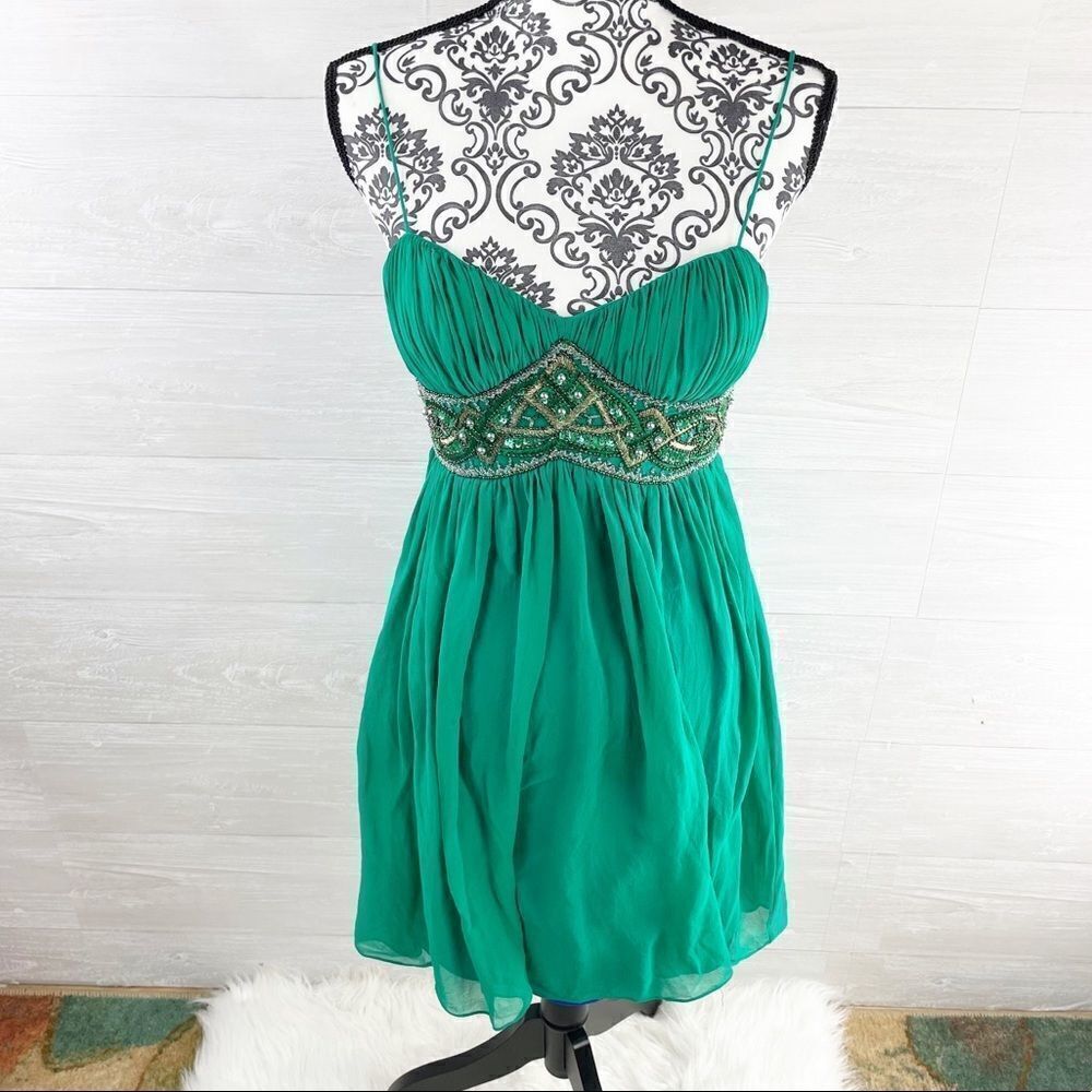 Aidan Mattox  Beaded Spaghetti Silk Fit and Flare Empire Midi Dress